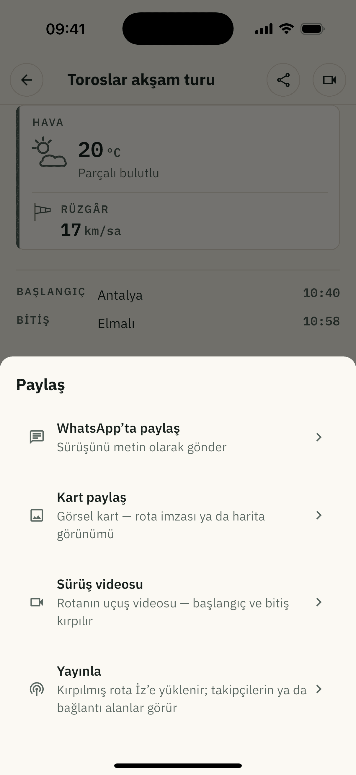 Paylaş sayfası: WhatsApp'ta paylaş, kart paylaş, sürüş videosu ve yayınla seçenekleri.